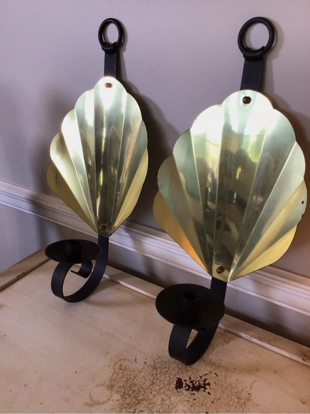 Vintage MCM Brass Black Scalloped Clam Shell Wall Sconce Candle Holder Pair 18”